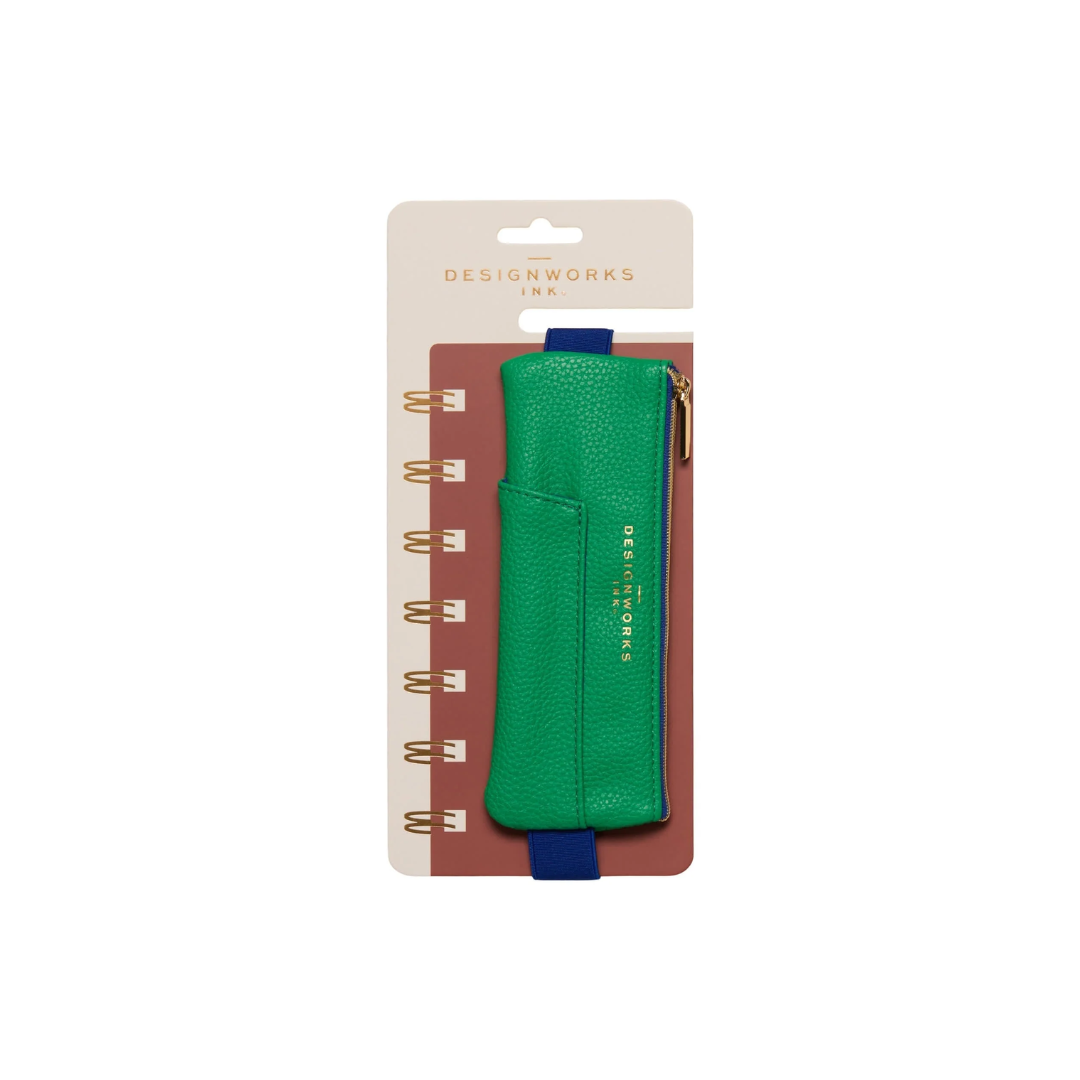 Vegan Leather Pen Pouch - Bright Green- Navy