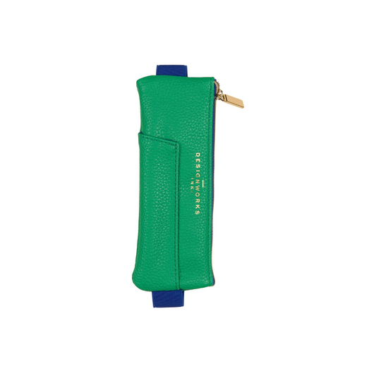 Vegan Leather Pen Pouch - Bright Green- Navy