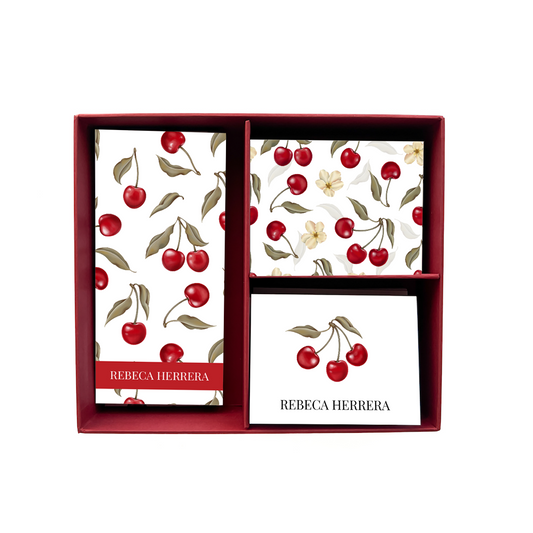 Name Personalized Cherry Stationery Box (White)
