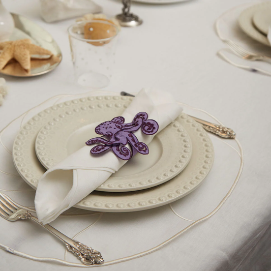 Servilleteros La Mar Bodado en Lino Morado . Set de 4
