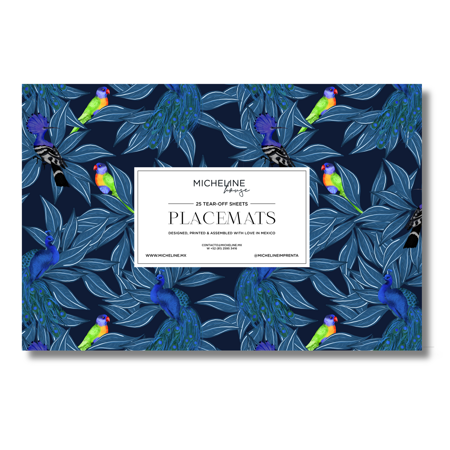 Individuales de papel con 25 individuales desprendibles. Diseño royal amazon en azul y pericos de colores brillantes