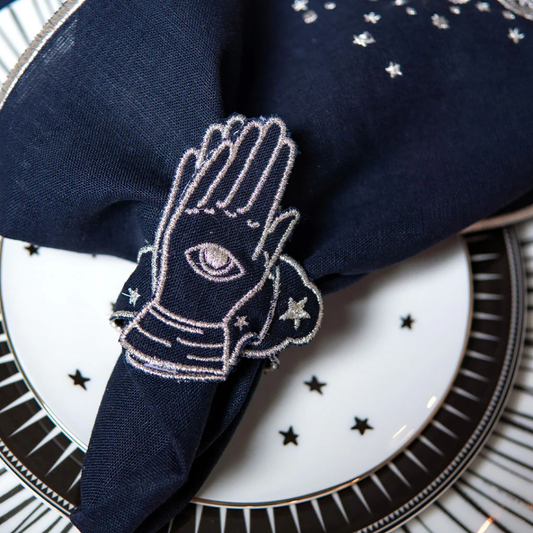 Servilletero Talisman con Bordado Plateado. Set de 4 - Lino